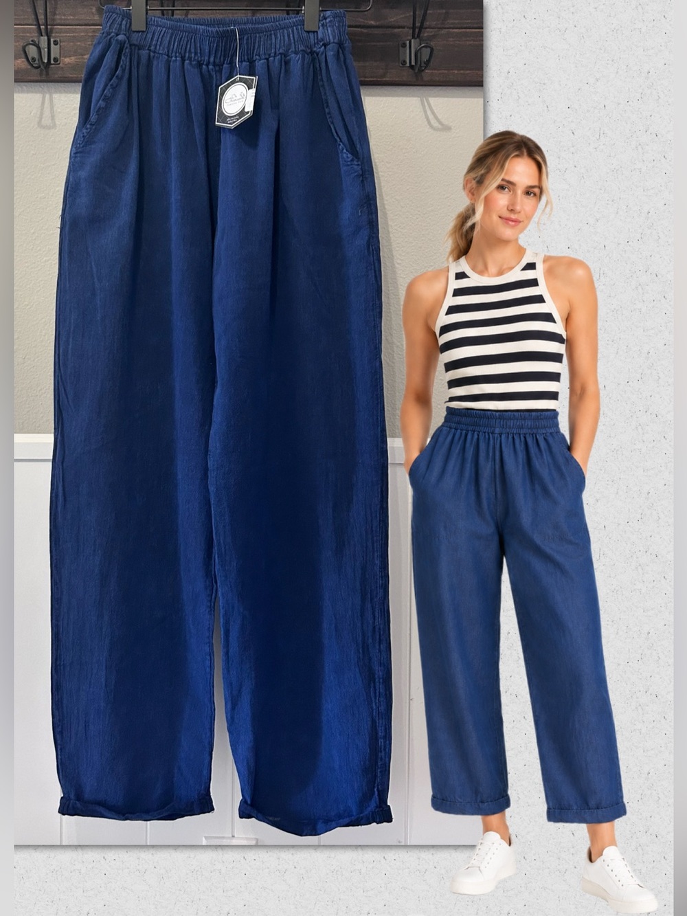 NEW 100% Cotton Giocam High Waist Wide Leg Straight Cropped Navy Blue Irma Pants
